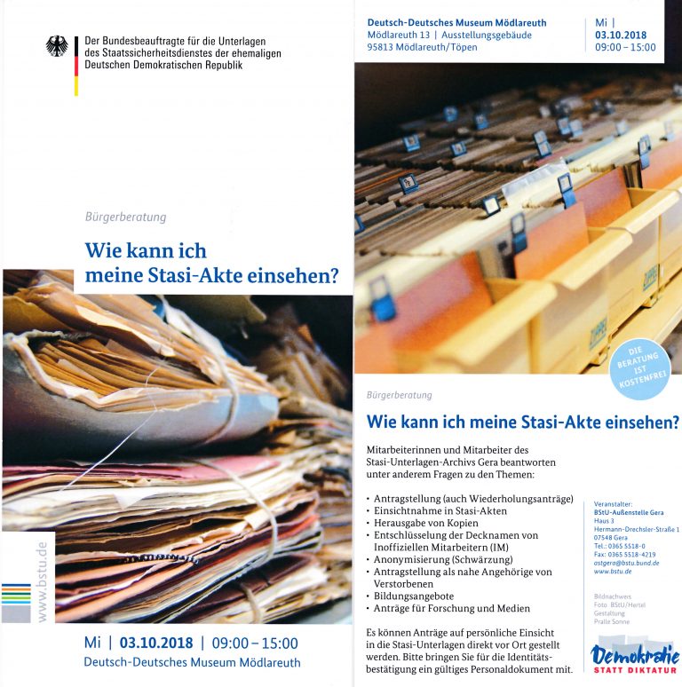 BStU-Außenstelle Gera mit Ausstellung und Bürgerberatung zum Thema „Akteneinsicht“ am 03.10.2018